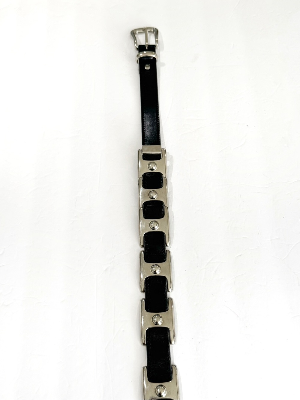Vintage Mens Belt Black Leather / Silver Link Metal 42”